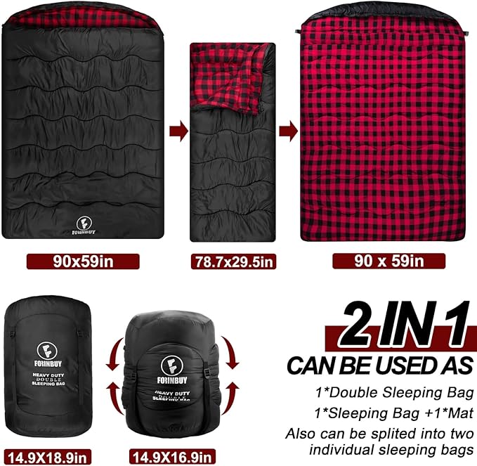 0 Degree Flannel Double Sleeping Bag for Adults, Couples or Family - Winter Queen Size Waterproof & Warm 2-Person Sleeping Bag for Cold Weather Camping, RV Travel