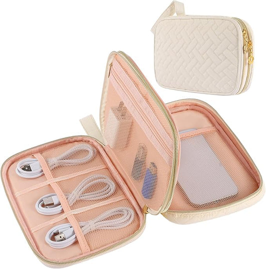 Electronics Organizer Travel Case, Charger Bag Cord Organizer Travel, Compact Tech Pouch Cable Organizer Bag for Charger, Cords, Phone, Headphones, Flash Drive, SD Card (Beige, Small-Double Layer)