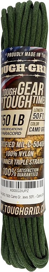 TOUGH-GRID Paracord Rope 750 lbs Nylon Parachute Cord, Made in USA Survival Kit, Outdoor Adventures, Camping, Tactical Gear & Emergency Supplies, Military Type IV Mil-Spec