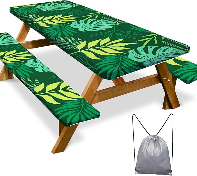Picnic Table Cover with Bench Covers Camping Essentials Waterproof Windproof Camping Tablecloth with Drawstring Bag, Fitted Rectangle Tables and Seats, 72in, Dark Green