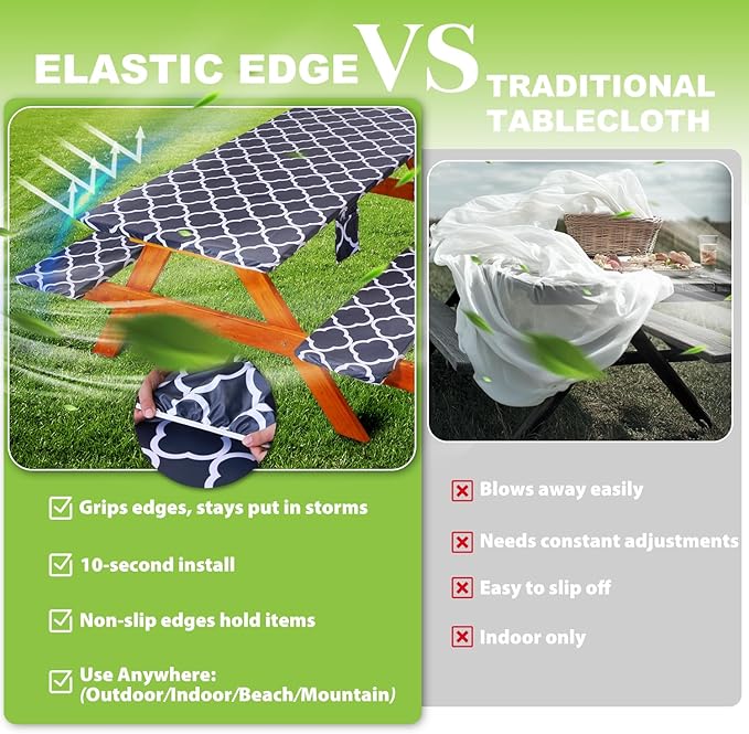 Fitted Picnic Table Cover with Bench Covers Waterproof Elastic Edges Rectangle Patio Tablecloth Outdoor Camping Essentials Stuff Rv Accessories Summer Trip Travel Supplies Party Camper Gifts, 6 f