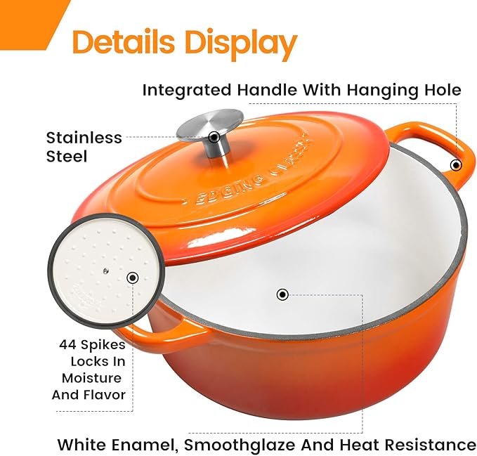 Enameled Cast Iron Dutch Oven, 5.5 Quart, Round Cast Dutch Ovens Pot with Lid Dual Handle for Bread Baking, Oven Safe up to 500°F, Orange