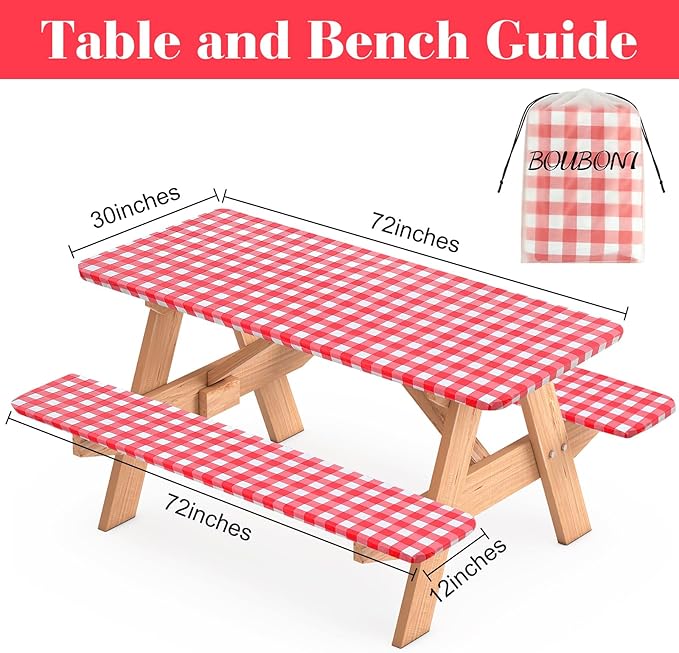 3 Pcs Set Fitted Picnic Table Cover with Bench Covers Vinyl Camping Table Cloth Flannel Backing for 6ft Tables Camping Outdoor (Red Checked, 30 x 72 Inches)