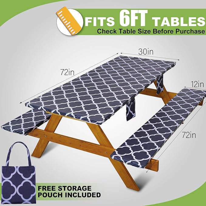 Fitted Picnic Table Cover with Bench Covers Waterproof Elastic Edges Rectangle Patio Tablecloth Outdoor Camping Essentials Stuff Rv Accessories Summer Trip Travel Supplies Party Camper Gifts, 6 f