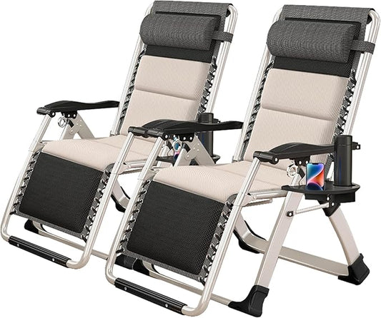 NAIZEA Padded Zero Gravity Chair, Folding Outdoor Lounge Chairs, Adjustable Reclining Camping Chairs with Cup Holder, Ergonomic Patio Lawn Chair for Balcony Beach Deck Yard