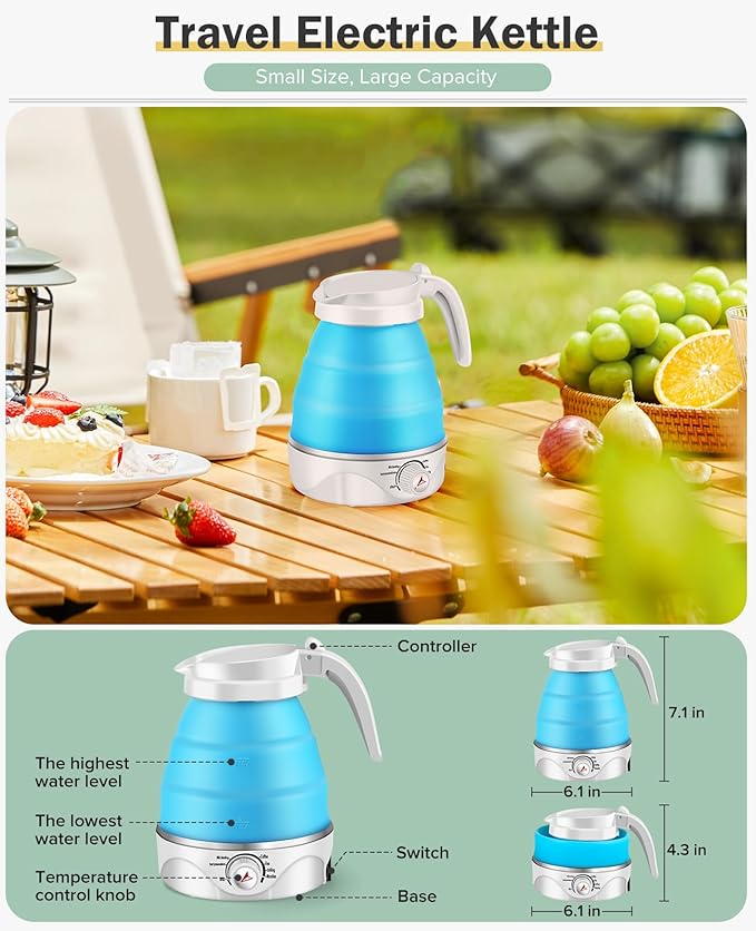 Portable Electric Travel Kettle, 600ml Collapsible Silicone Kettle with Temperature Adjustment Function for Camping, Hotels and Travel (BLUE)