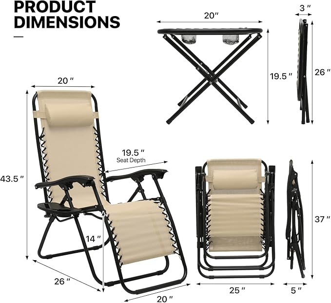MoNiBloom 3 Pieces Cozy Lounge Chairs Table Set for Outside, Adjustable Folding Zero Gravity Recliners for Patio Beach Pool Yard Camping, 330lbs Capacity - Cream