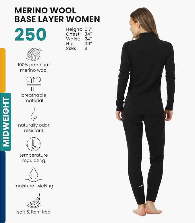 Merino.tech Merino Wool Base Layer Women Set - Heavyweight, Lite, Midweight Merino Thermal Underwear For Women Top, Bottom