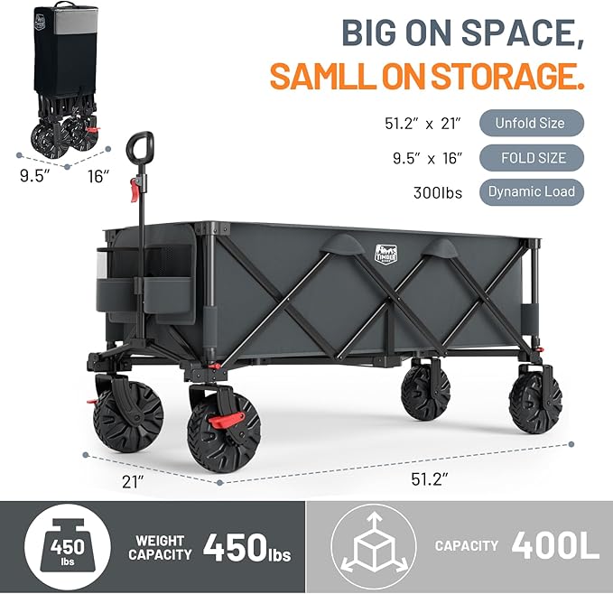 TIMBER RIDGE 51.2" Extended Collapsible Wagon - Heavy-Duty Utility Cart with All-Terrain Wheels, Brakes & Cargo Net, 400L Capacity for Camping, Sports & Shopping, Grey