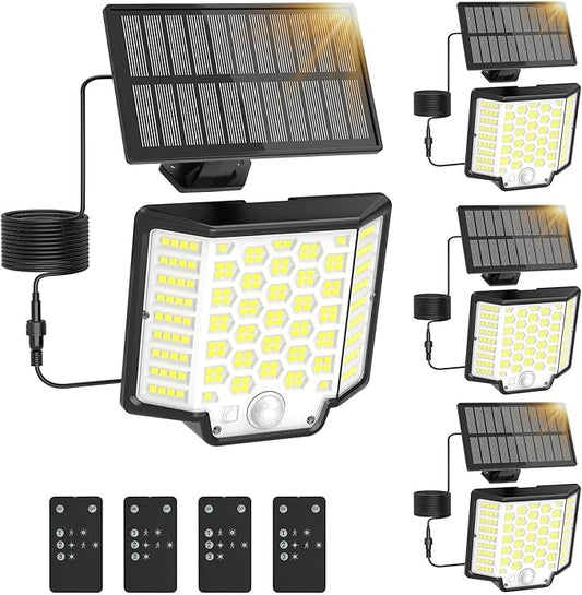 Solar Flood Lights Outdoor Waterproof, 4-Pack 186 LED Solar Wall Light Outside 2500LM, 3 Modes Remote Control with Motion Sensor, Dusk to Dawn Luces Solares, IP65 for Yard, Patio, Garden, Garage