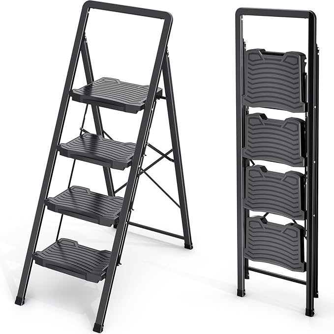KINGRACK 4 Step Ladder 800lb Capacity, Folding Step Stool with Wide Anti-Slip Pedal & Safety Handrails, Lightweight Steel Ladder for Kitchen, Pantry, Office, Black