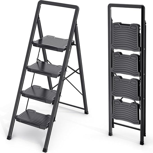 KINGRACK 4 Step Ladder 800lb Capacity, Folding Step Stool with Wide Anti-Slip Pedal & Safety Handrails, Lightweight Steel Ladder for Kitchen, Pantry, Office, Black