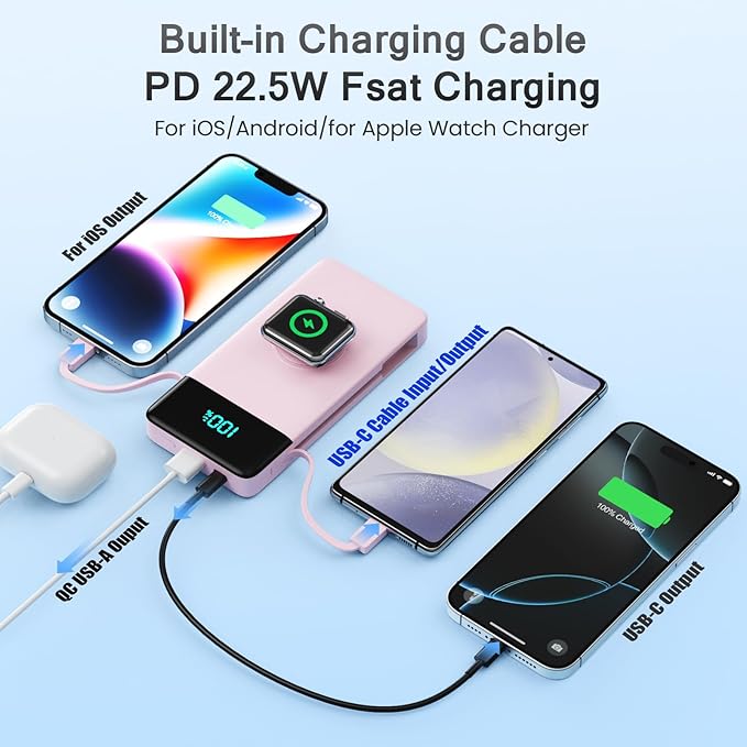 Portable Charger for iPhone with Built in Cables & Wall Plug,6-in-1 10800mah Power Bank with iWatch Charger,22.5W PD Fast Charging LCD Display Battery Pack for iPhone 16/15,Android,Apple Watch-Pink