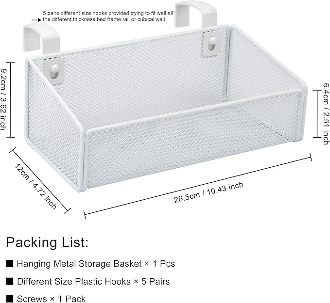 Bedside Caddy Hanging Storage Basket Beside Shelf Metal Organizer for Collage Dorm Bunk Bed,Hospital Bed,Baby Bed - Bedroom Essentials for Magazine,Remote Control,Phone,Drinks (White)