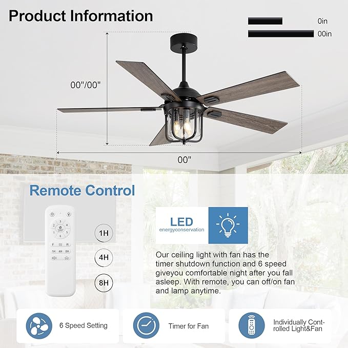 52-Inch Outdoor Waterproof Ceiling Fan with Light and Remote Control, Suitable for Use on Terraces and Porches. It Has a Timing Function (1/2/4/8H)(Walnut)