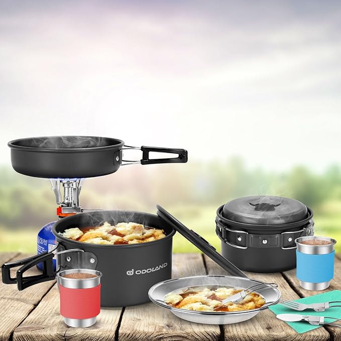 Odoland 16pcs Camping Cookware Mess Kit with Folding Camping Stove, Non-Stick Lightweight Pots Pan Set with Stainless Steel Cups Plates Forks Knives Spoons for Camping, Backpacking, Outdoor Cooking
