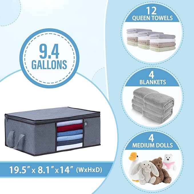 VENO 3 Pack Medium Clothes Storage Bag Organizer with Reinforced Handle Thick Fabric for Comforters, Blankets, Bedding, Foldable with Sturdy Zipper, Clear Window, Grey, Reusable (9.5 Gallon)
