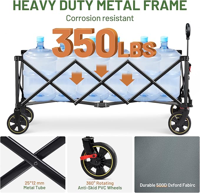 TIMBER RIDGE 51.2'' Extended Collapsible Wagon Cart with Brakes and Cargo Net, 350LBS Heavy Duty Foldable Utility Wagon with Adjustable Handle, 400L Capacity Portable Cart for Camping Sports Shopping