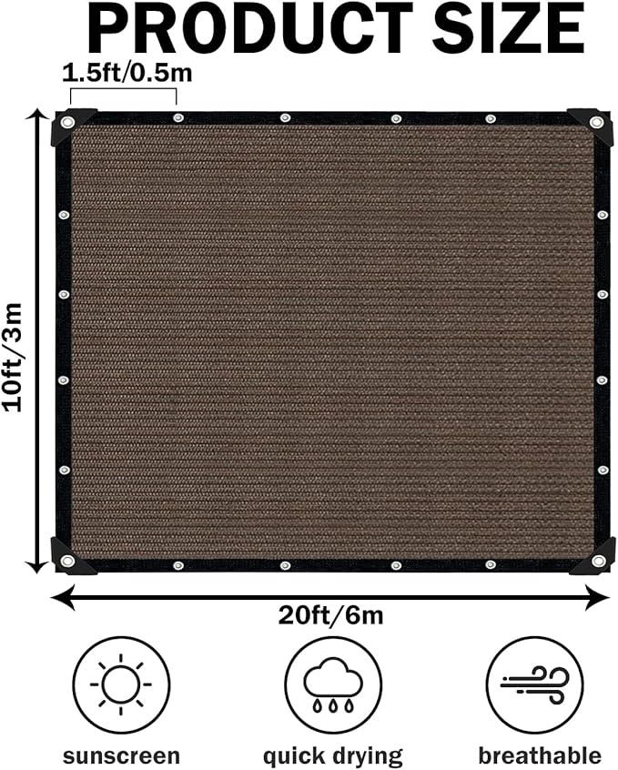 Mocha Sun Shade Cloth,Pergola Shade Cover with Reinforced Grommets,90% Shade Fabric Fence Privacy Screen Balcony,Pergola Shade Cover Canopy Garden Carport Porch Deck Patio Shade,10x20FT