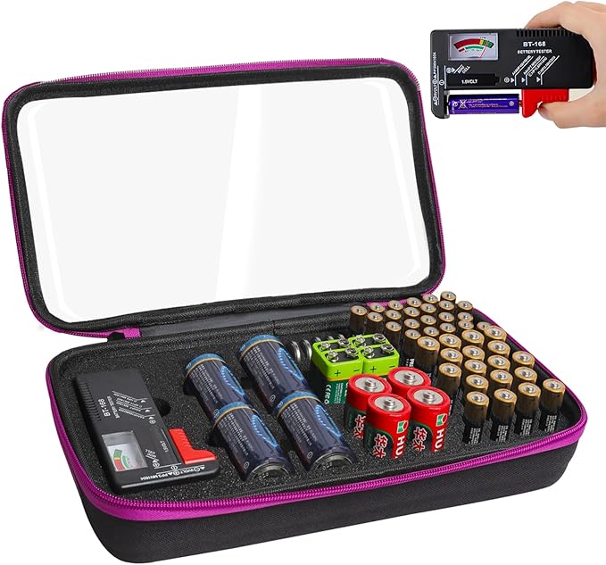 Battery Organizer Storage Case with Tester,Clear Batteries Storage Organizers Holds, Just The Right Size Slot with stable handle,Holds 57 Batteries Various Sizes（Batteries are Not Included）(Purple)