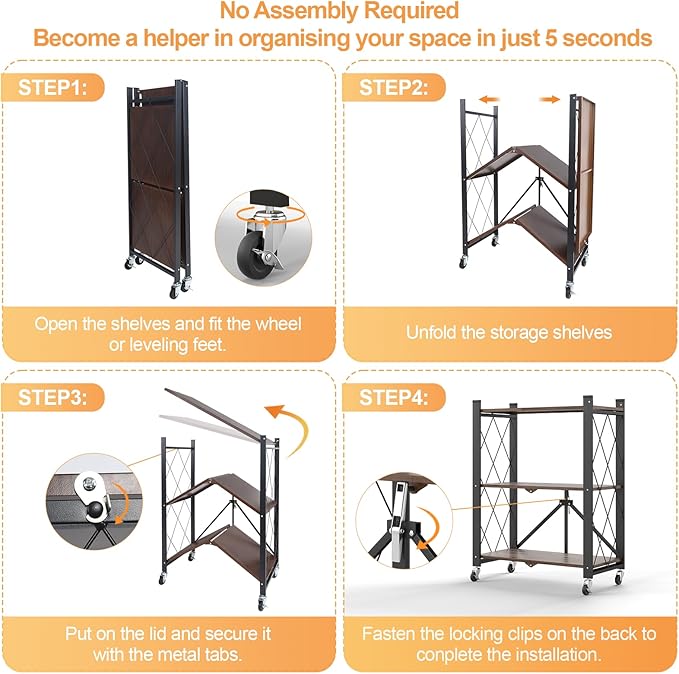 3 Tier Vintage Multifunctional Folding Shelf with Wheels, Portable Heavy Duty Storage Shelving, No-Assembly Folding Bookshelf, Metal Collapsible Rack Unit for Kitchen, Office, Bedroom, Rustic Brown