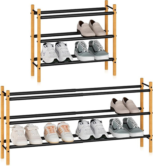STORAGE MANIAC Expandable Shoe Rack, 16 Pairs Stackable Small Shoe Rack, Metal Adjustable Shoes Organizer for Closet, Entryway, Hallway, Garage, Front Door, Shoes Shelves, Bamboo 4 Tier