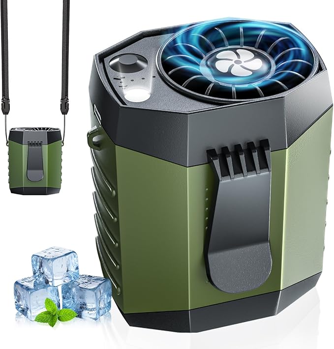 2025 Smart Portable Rechargeable Fan with LED Light & 25H Runtime, 4-Speed 9200RPM Turbo Cooling Personal Waist Fan, Wearable Neck & Belt Clip for Camping, Outdoor, Hiking - Green