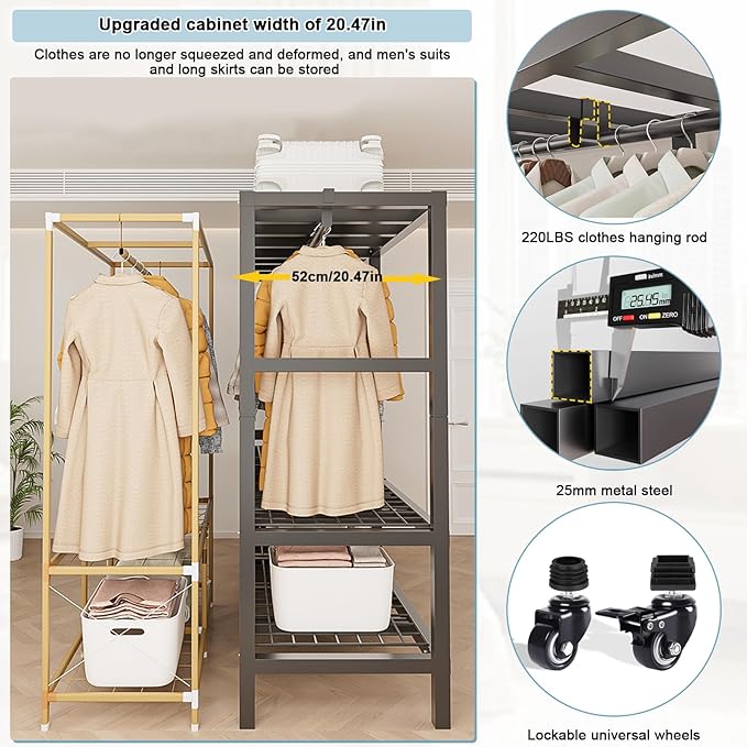 FPIGSHS Heavy Duty Clothes Rack with Cover 2000LBS Foldable Portable Wardrobe Closet for Hanging Clothing Rolling Garment Rack on Wheels for Bedroom Closet System (E(Gray Cover, 41.3in)