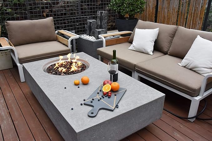Elementi | Metropolis Gas Fire Pit Cast Concrete 56" Rectangular Fire Table, Outdoor Fire Pit Electronic Ignition | Canvas Cover, Lava Rock Included | Light Gray (Natural Gas)