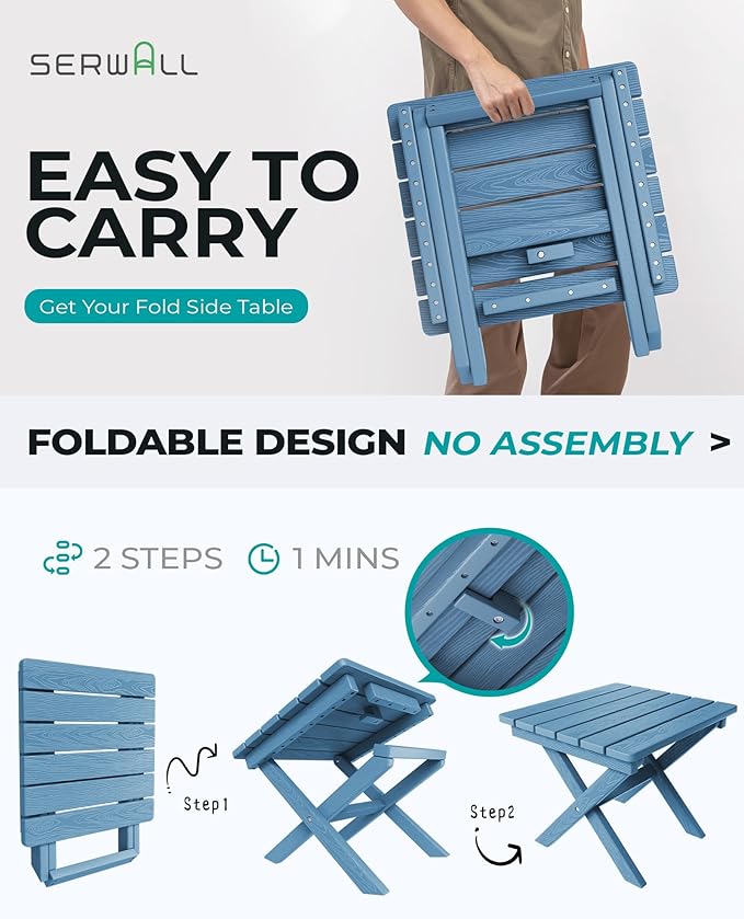 SERWALL Folding Outdoor Side Table Set of 2, Portable Adirondack Side Table, Navy