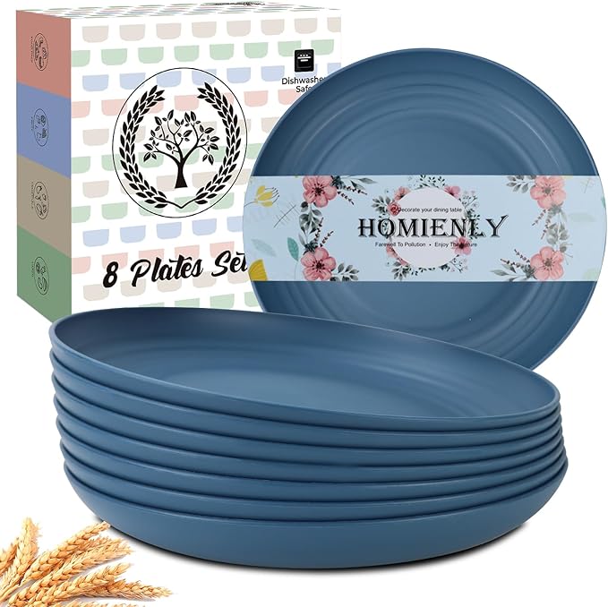 Homienly Wheat Straw Dinner Plates - Set of 8 Unbreakable Dishwasher and Microwave Safe Kids Plates (Blue) - 9 inch