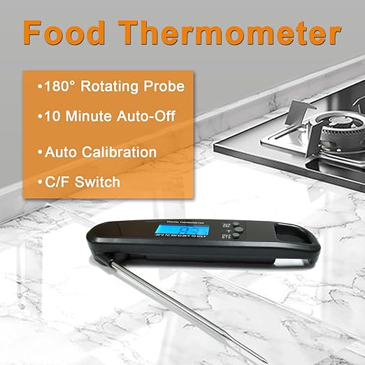 Instant Read Meat Thermometer for Kitchen Cooking, Ultra Fast Precise Waterproof Digital Food Thermometer with Backlight, Magnet and Foldable Probe for Deep Fry, Outdoor BBQ, Grill（Black）
