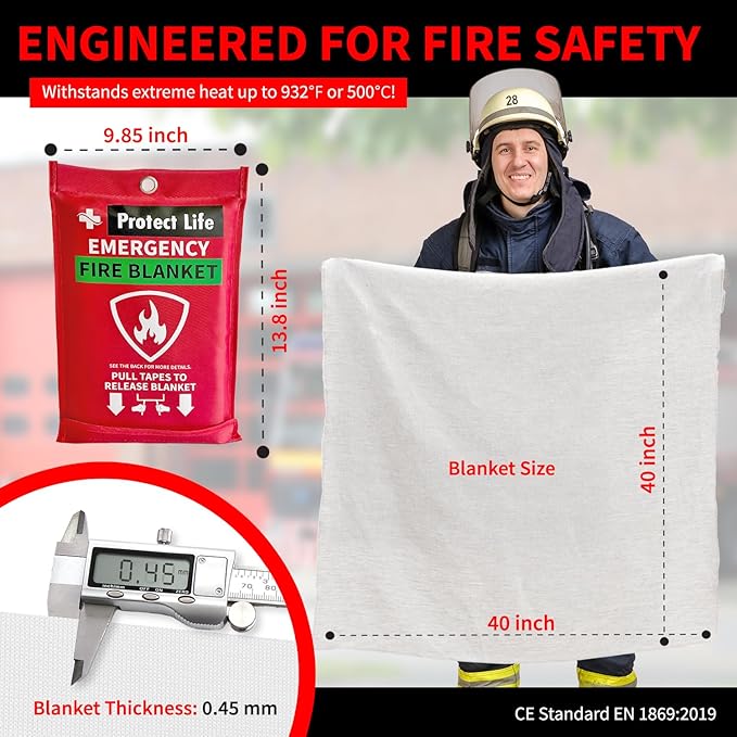 Protect Life Saving Emergency Fire Blankets 2 Pack - 40"x40", Fiberglass Fire Blanket for Home & Kitchen - Fire Suppression or Retardant Tarp - Fire Safety Kit for Car or Camping
