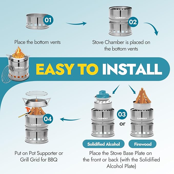 CANWAY Portable Camping Stove Mini Wood Burning Camp Stove for Backpacking Hiking Traveling Survival Cooking Stove Stainless Steel Emergency Folding Camping Stove with Carry Bag