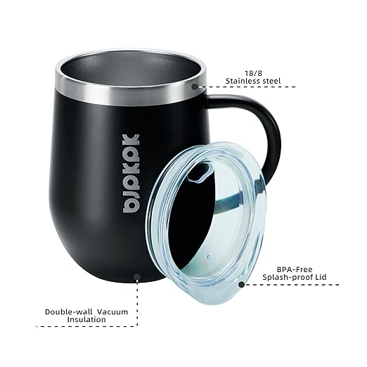 BJPKPK 2 pcs Insulated Coffee Mug, 12 oz Stainless Steel Insulated Coffee Tumbler with Lid for Hot Drinks & Cold Drinks-Black