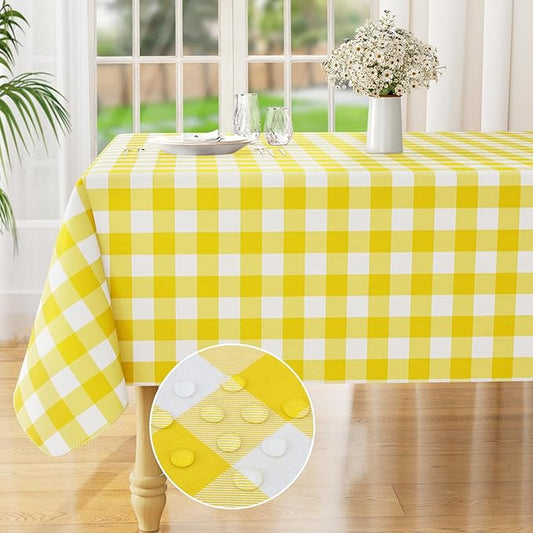 misaya Rectangle Waterproof Vinyl Table Cloth, Buffalo Flannel Backed Tablecloth, Wipeable Plastic Table Cover for Dinner, Kitchen, Outdoor (60" x 102", Yellow and White)
