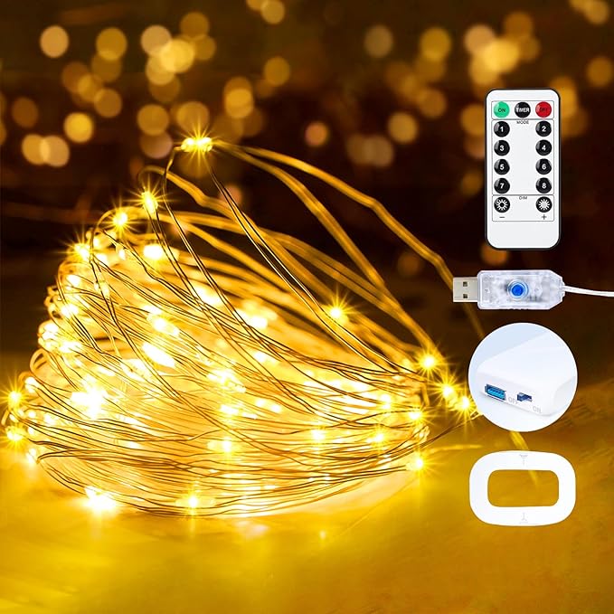 1Pack USB Plug in Fairy String Lights,16ft 50 LED Copper with Remote and Timer, 8 Modes Waterproof Twinkle String Lights Battery Powered for Bedroom Indoor Party Wedding Christmas Decoration