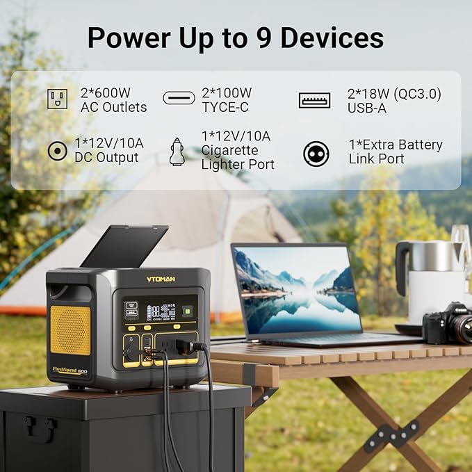 VTOMAN FlashSpeed 600 Portable Power Station with 110W Solar Panel - 499Wh/600W(1200W Peak) Solar Generator with LiFePO4 Battery, 100W USB-C, 60 Min Fast Charging 0-80% for Camping, Fishing, RVs