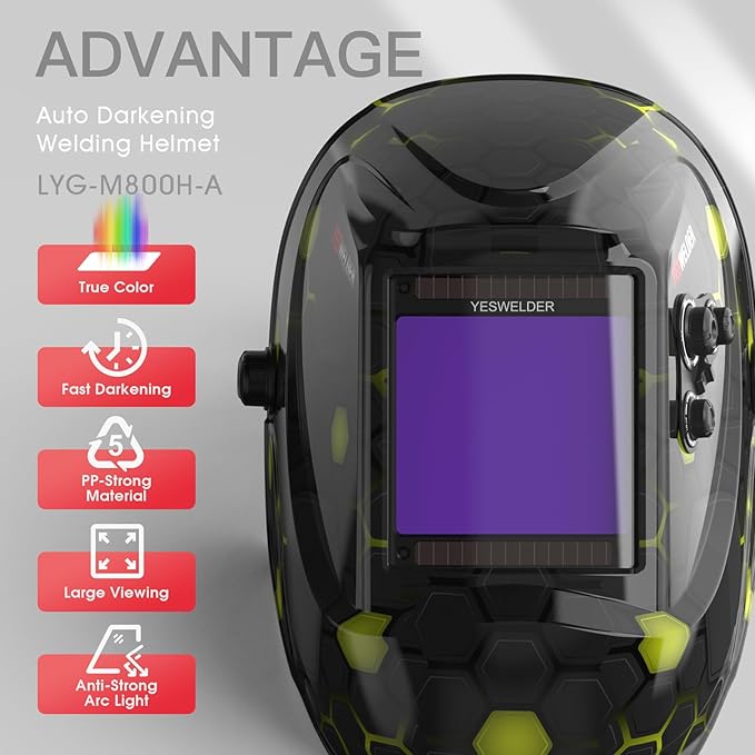 YESWELDER Large View Auto Darkening Welding Helmet, Blue Light Blocking, 1/1/1/1 True Color Solar Powered Welder Hood Mask with 4 Arc Sensors, Wide Shade 3/5-9/9-13 for TIG MIG ARC Cut and Grind