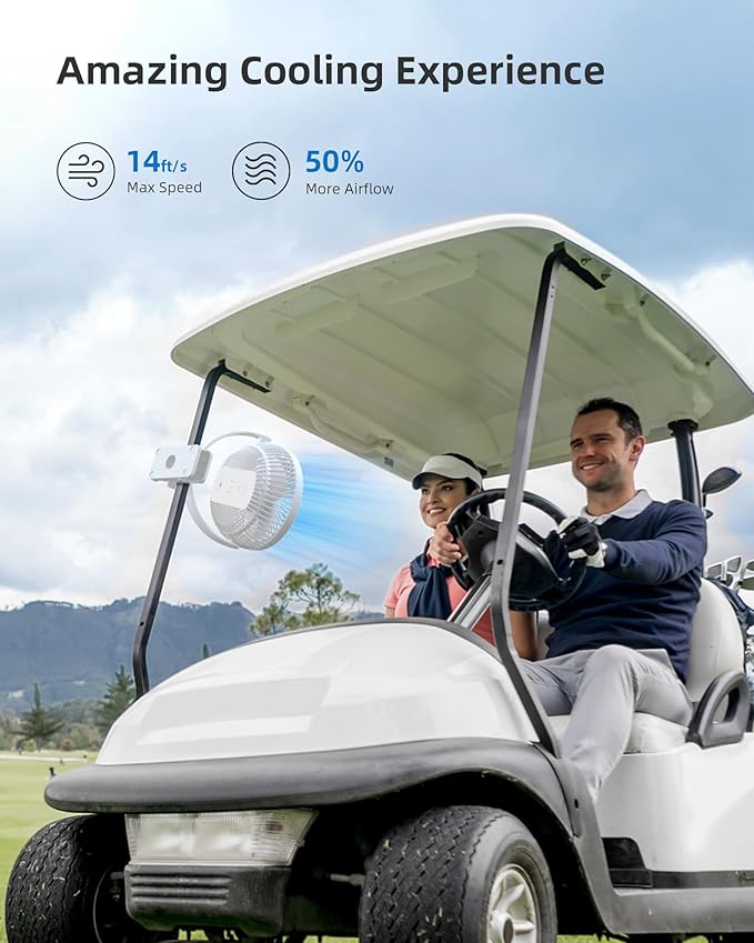 Koonie Portable Clip on Fan, 8-Inch 10000mAh USB Rechargeable Battery Operated, 4 Speeds, Strong Airflow, Sturdy Clamp for Office Desk Golf Car Outdoor Travel Camping Tent Gym Treadmill