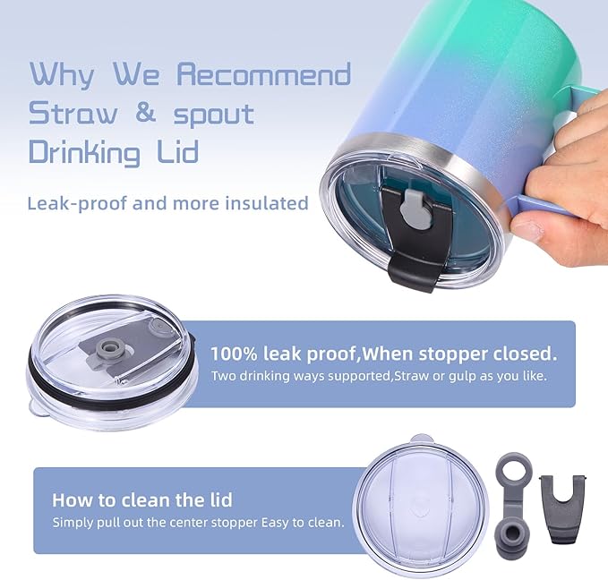 Volhoply 12oz Insulated Leakproof Coffee Mug with Flip & Straw Lid Bulk 4 Pack,Double Wall Vacuum Stainless Steel Travel Tumbler Cup with Handle,Camping Keep Cold/Hot(Purple Green,4 Set)