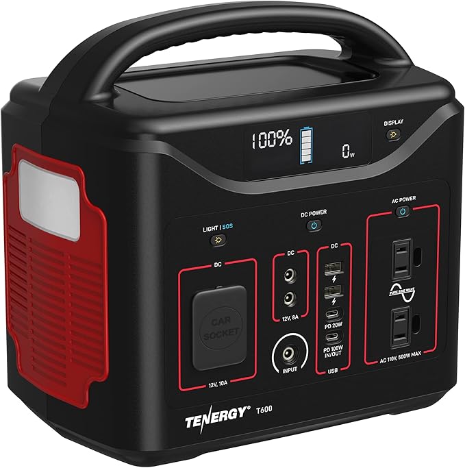 Tenergy T600 Portable Power Station, 600Wh Battery, 3x 500W (Peak 1000W) AC Outlets, USB type C PD 100W, Solar Ready Mobile Power for Outdoors Camping Vans, RV, Emergency Backup