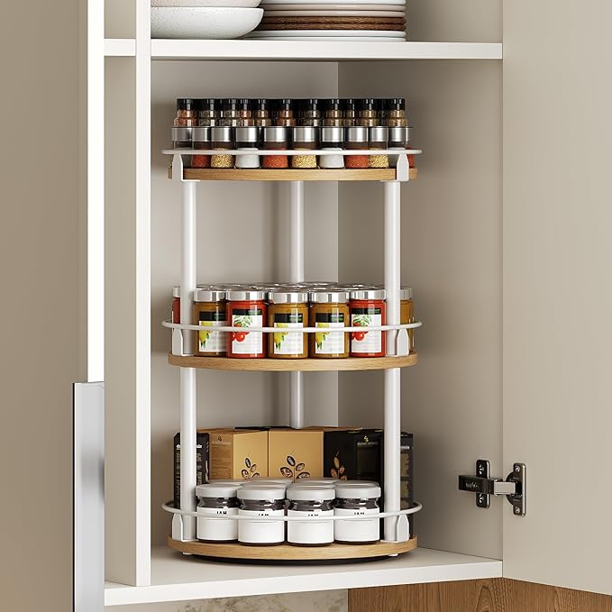 3-Tier Lazy Susan Organizer, Rotating Spice Rack, Spinning Organizer, Industrial Turntable Spice Rack Organizer for Cabinet, Kitchen Countertop, Pantry, White and Natural SR23WN