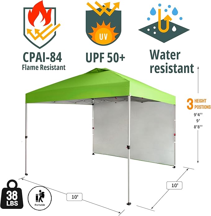 CROWN SHADES 10x10 Pop Up Canopy with 1 Side Wall - Beach Tent with One Push Setup - Outdoor Sun Shade for Events, Parties, Camping - Gazebo with STO-N-Go Cover Bag (Green)