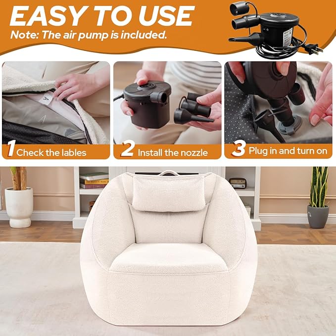 HABUTWAY Inflatable Bean Bag Chairs for Adult Blow up Chair Portable Inflatable Bean Bag Couch w/Electric Air Pump,Handle & Side Pocket for Movie Night Reading Gaming Living Room - Beige