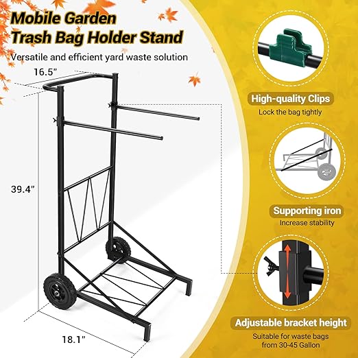 CAROD Trash Bag Holder, Adjustable Metal Leaf Bag Holder from 30-45 Gallon Capacity, Mobile Garbage Bags Cart, Outdoor Garden Leaf Bags Stand for Yard & Lawn Cleanup, Gardening, Camping, Parties