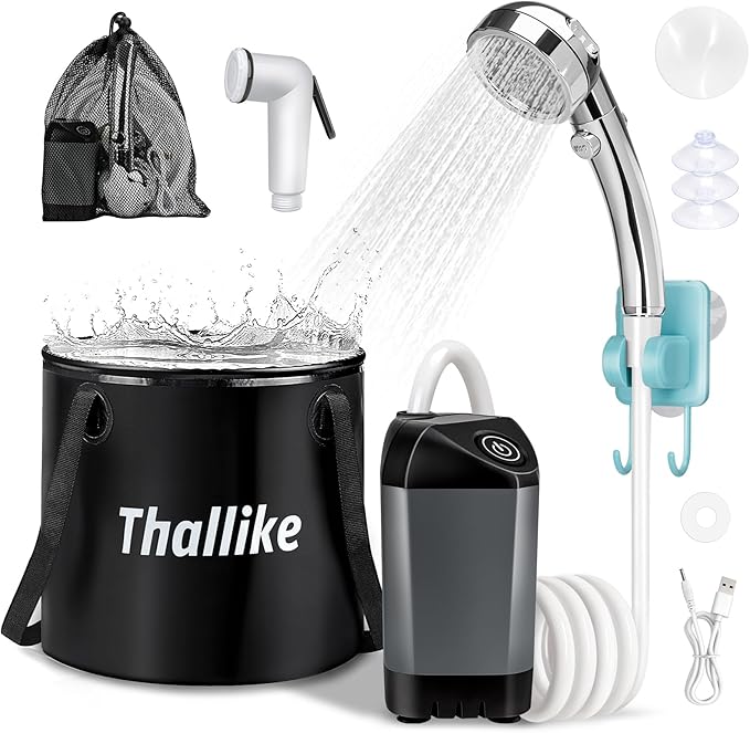 Portable Camping Shower, Pop Up Shower Privacy Tent Kit with LED Lights, 4500mAh Rechargeable Shower Pump, Filtered Shower Head & 7.4 Gallons Foldable Bucket, Outdoor Shower for Hiking Beach, Travel