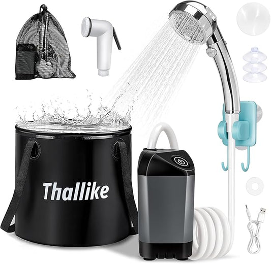 Portable Camping Shower, Pop Up Shower Privacy Tent Kit with LED Lights, 4500mAh Rechargeable Shower Pump, Filtered Shower Head & 7.4 Gallons Foldable Bucket, Outdoor Shower for Hiking Beach, Travel