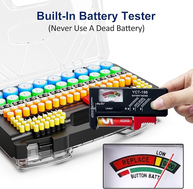 Battery Organizer Storage Case, Battery Storage Holder Organizer Box with Tester - 285 Batteries Double-Sided Variety Pack, Holds AA AAA 4A C D Cell 9V 3V Lithium LR44 CR2 CR123 CR1632 18650 Button