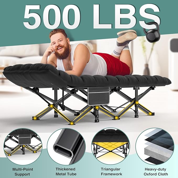 ZENPETIO Camping Cot for Adults, Heavy-Duty Portable Cot Bed with Mattress, Foldable Padded Sleeping Cots for Camping Travel Tent Day Bed Outdoor & Home Guest, Max Load 500 LBS, 75x28x15”